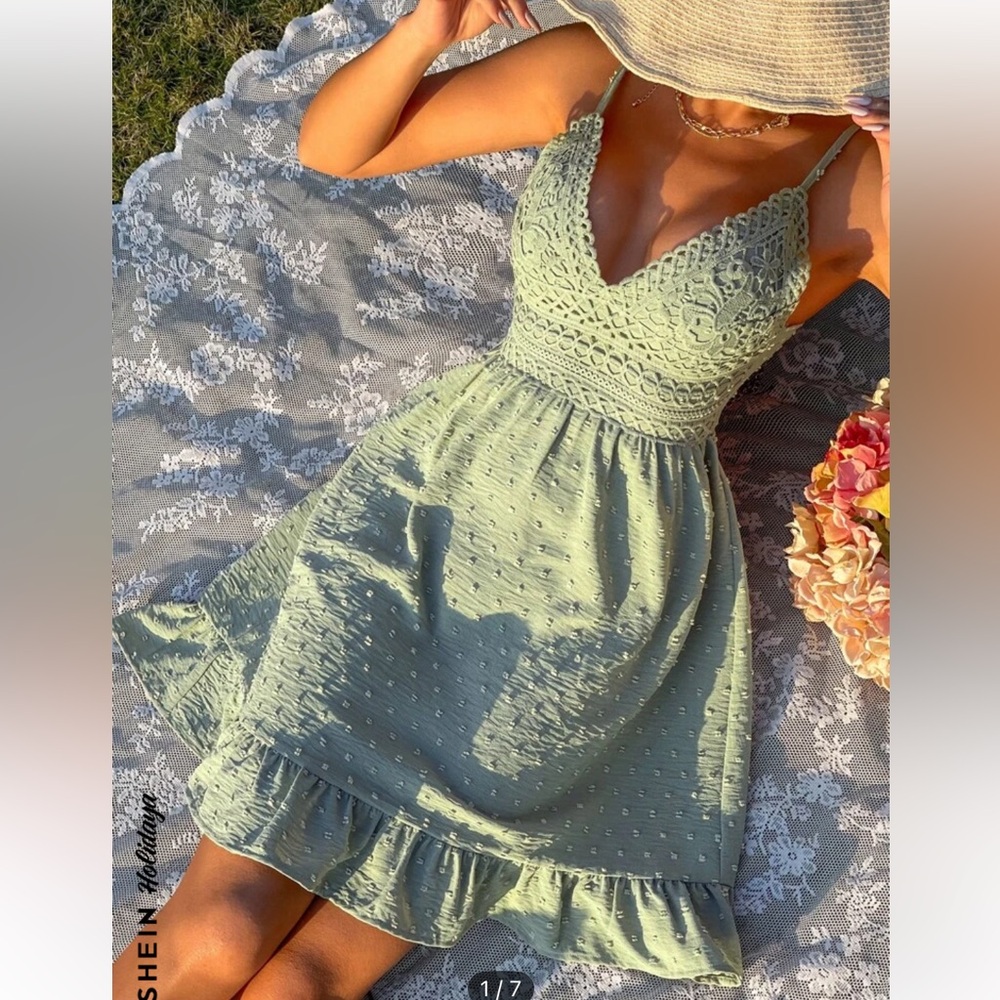 Shein Sage-Green Lace Trim Open-back Sundress